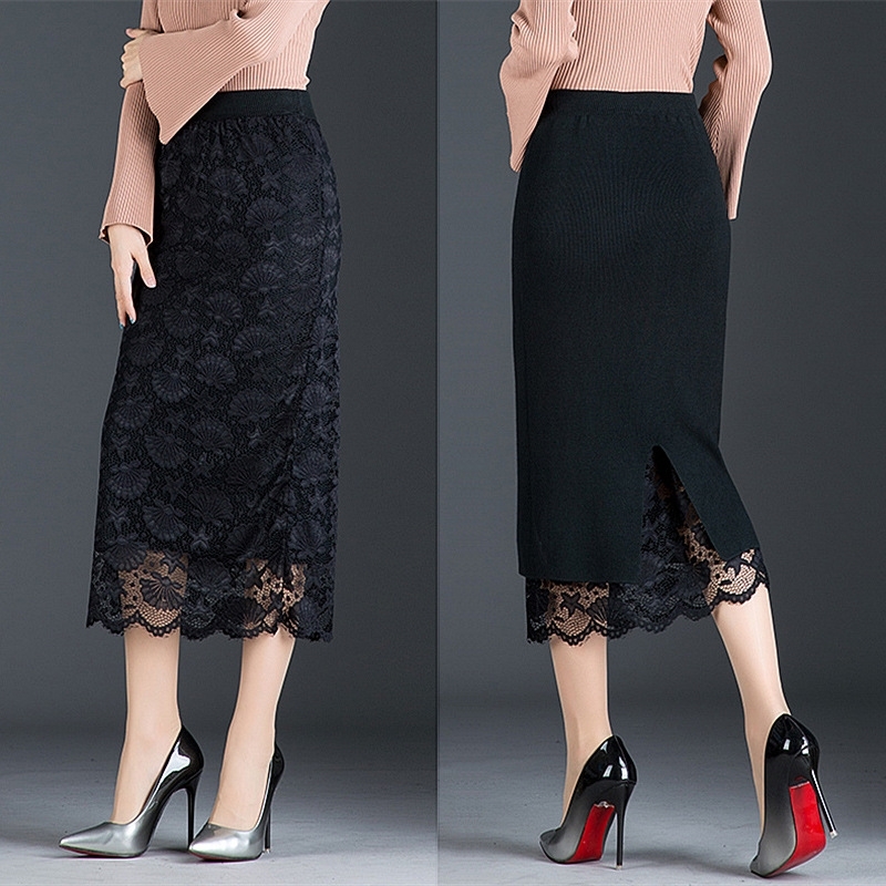 Autumn and long section jupe femme two sides wearing lace midi split bag hip wool winter skirt 210309