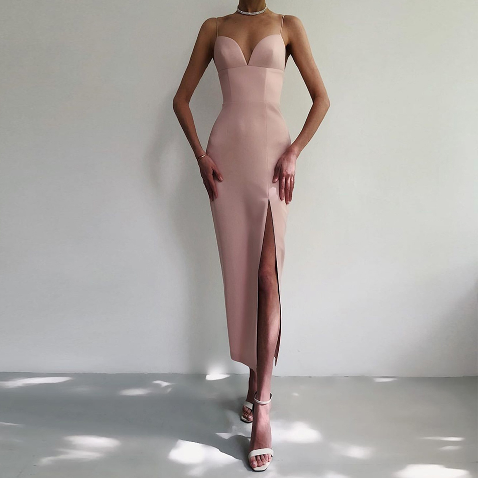Summer Women Apricot Bodycon Bandage Dress Sexy V Neck Spaghetti Strap Club Celebrity Evening Runway Party Maxi 210423