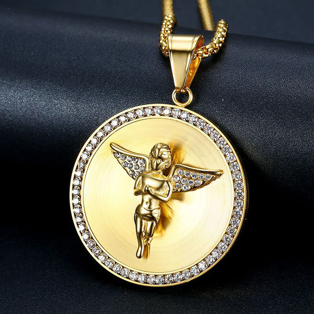 Mens Stainless Steel Angel Pendant Necklace Hip Hop White Zircon Bling 18K Gold Plated Religious Jewelry