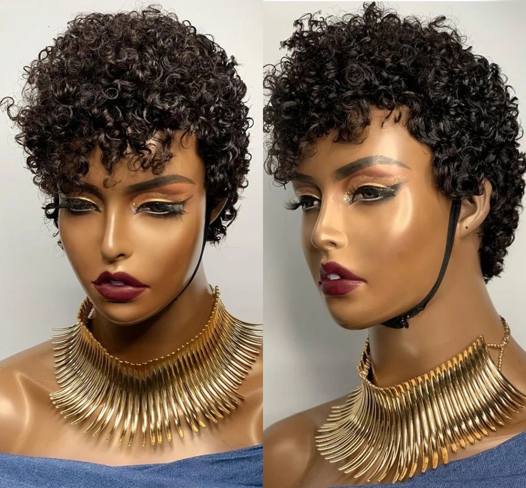 Short Curly Bob Wigs Black Color Brazilian Pixie Cut Short Human Hair Wigs Non Lace Front Wig Machine Made For Women