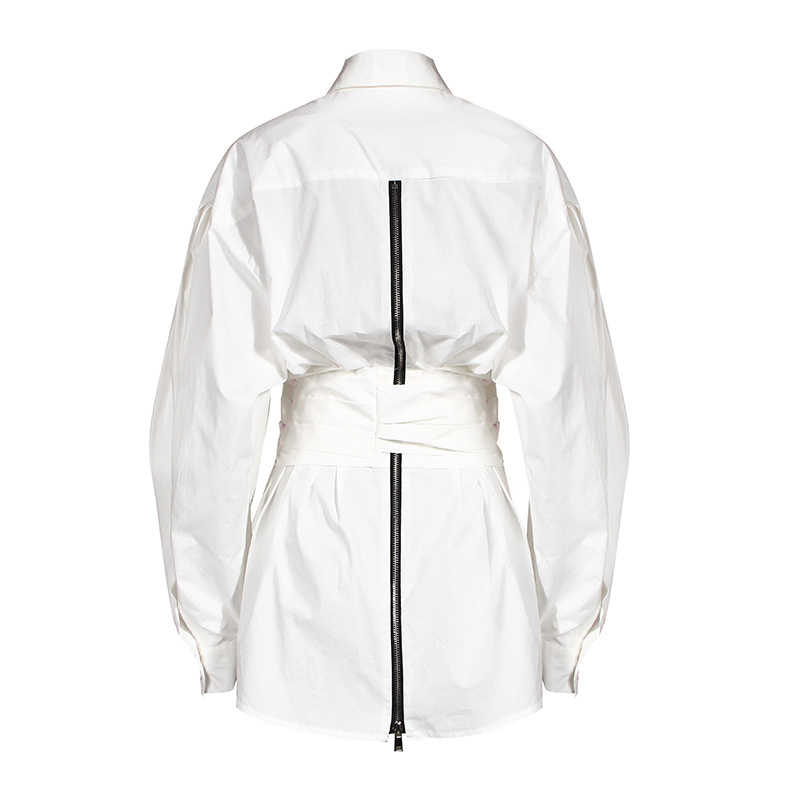 TWOTWINSTYLE White Bowknot Shirt For Women Lapel Lantern Sleeve Bandage High Waist Casual Blouse Female Autumn New Tide 210225