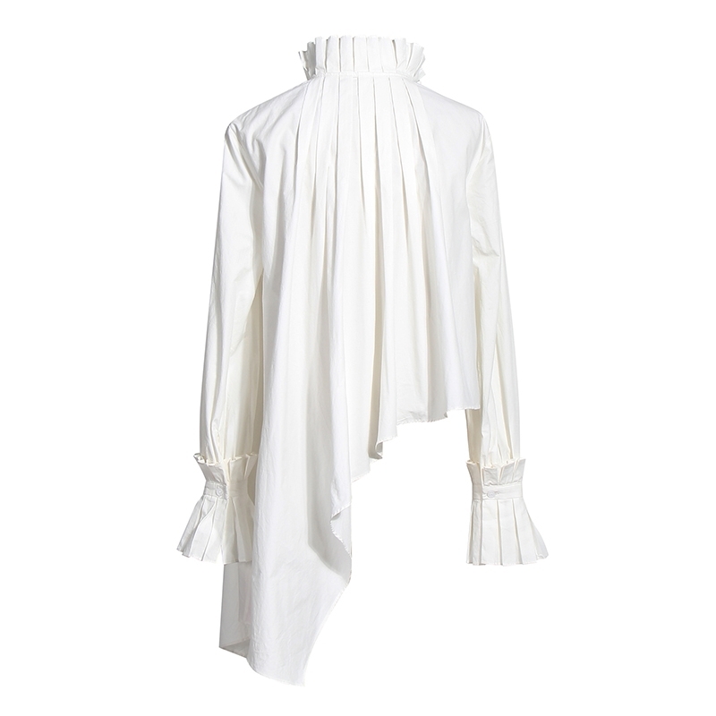 TWOTWINSTYLE Vintage Asymmetrical Women Blouse Stand Collar Flare Long Sleeve Irregulaer Hem Ruched Ruffles Shirt For Female New 210225