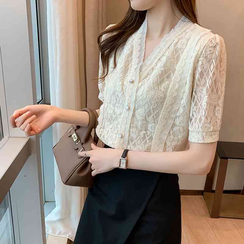Summer Korean Lace Women Shirts Woman Short Sleeve Blouse Chiffon Blouses Office Lady White Tops Plus Size XXL 210531