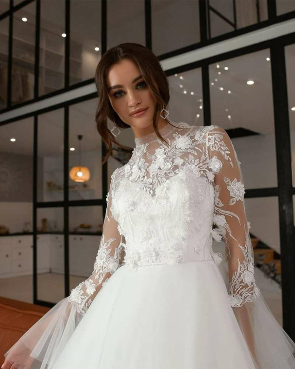 Boho High Neck A Line Wedding Dress 3D Floral Appliques Ivory Tulle Long Bridal Gowns With Bell Long Sleeve Beach Bride Dresses Robe De Mariee 2022