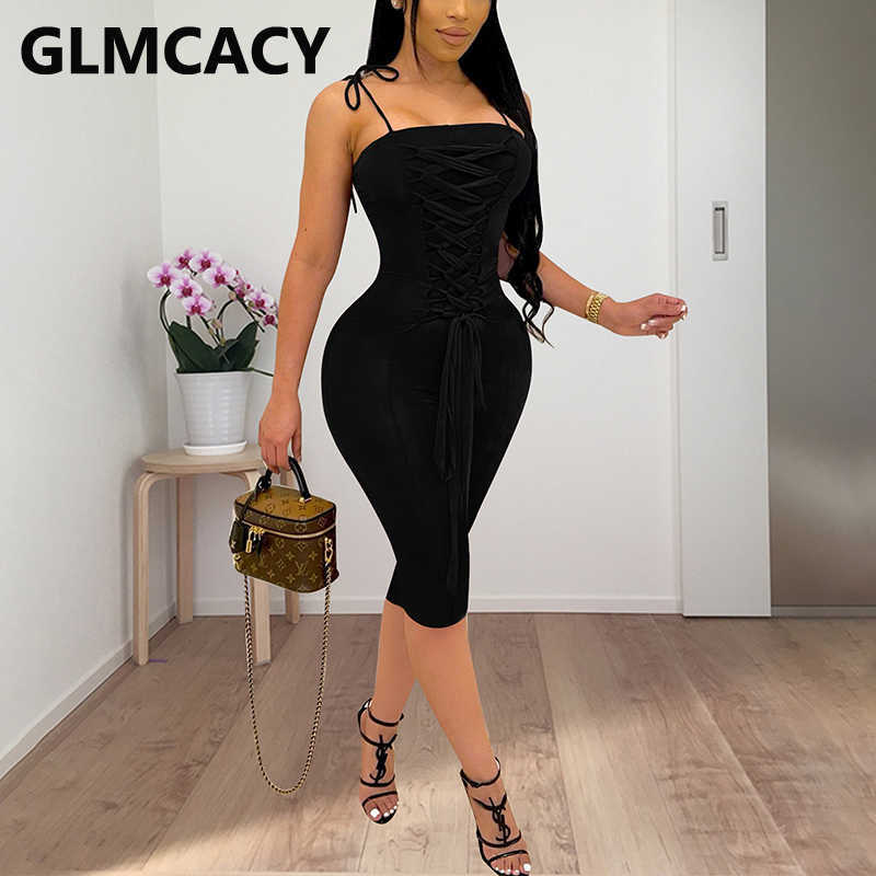 Spaghetti Strap Lace Up Front Slim Bodycon Midi Dress 210702