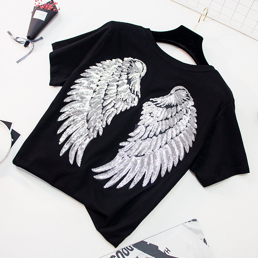 Fashion Sequin Angel Wings T-shirt Woman Causal Tops Novelty Half Sleeve O-neck T Shirt New Summer Loose Sexy Appliques T-shirts 210306