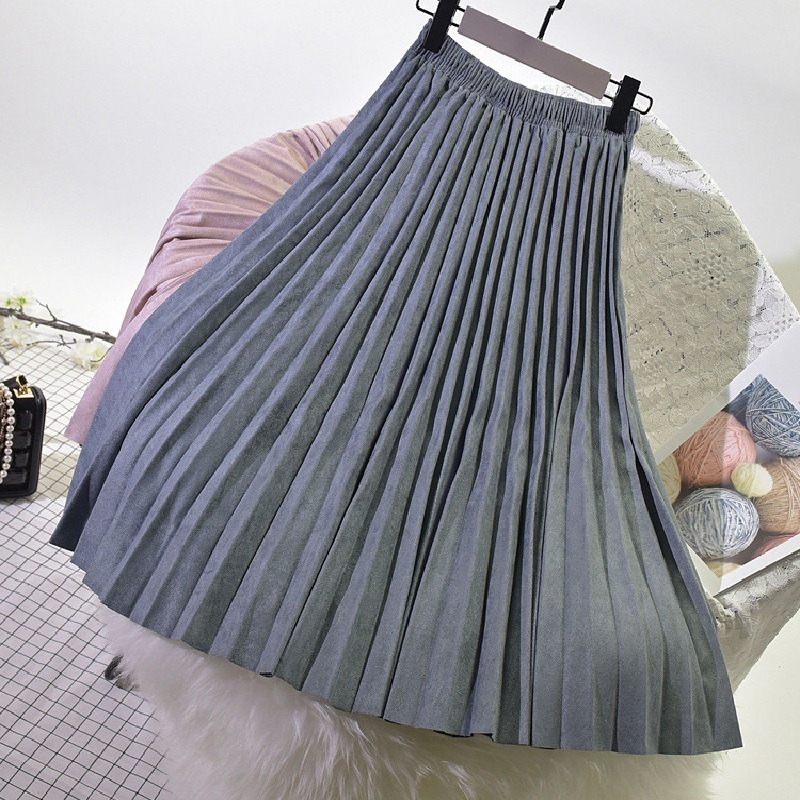 Autumn Winter Women suede skirt High Waist casual Vintage Pleated skirt female Korean Skirt female elegant long Skirts 210306