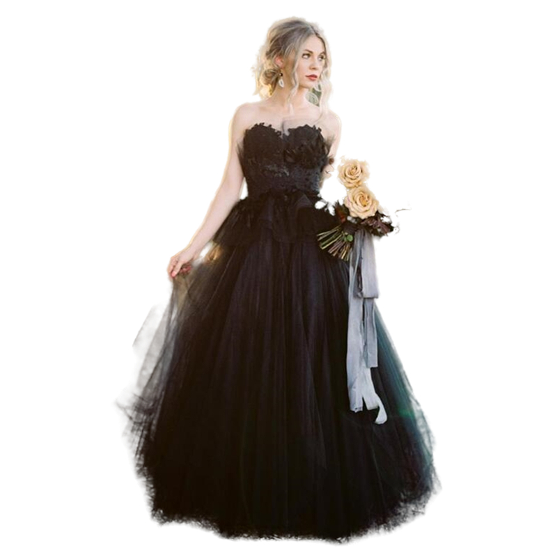 Strapless Black Gothic Wedding Gowns Appliques Lace Top Soft Tulle A Line Floor Length Bridal Wedding Dresses Princess Plus Size Country Garden Vestid