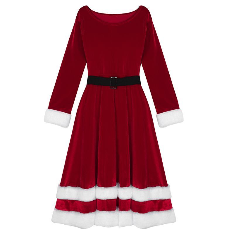 Casual Dresses Women Soft Velvet Long Sleeve Red Green Christmas Costume Dress Adult Ladies Mrs Santa Claus Xmas Fancy Cosplay Party Up
