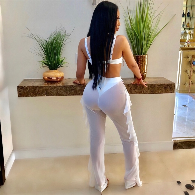 Echoine Crop Tops and Ruffle Pants 2 Pieces Set Women Sexy Club Bodycon Suit Backless See Through Sheer Mesh Outfit Matching Set