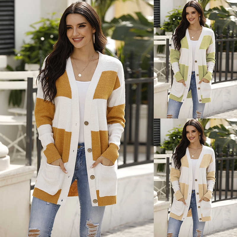 Korean Winter Ladies Khaki Striped Patchwork Female Cardigans Long Sigle Breasted Sweaters Womens V-Neck Pockets Casual Sweater 210604