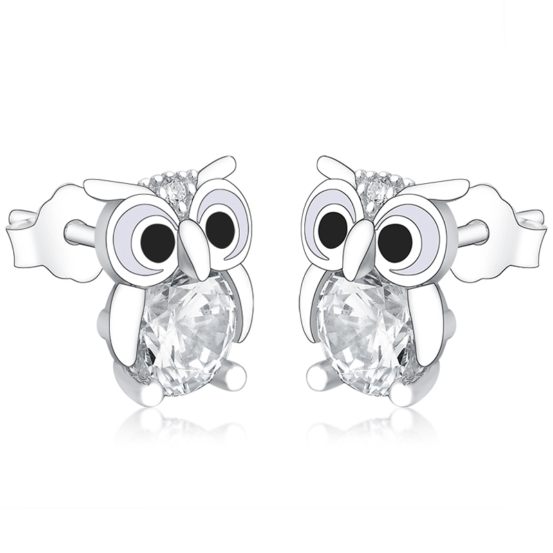 Authentic 925 Sterling Silver Animal Owl Cat Stud Earrings for Women Girls Fine Jewelry Gift Moda Bijoux
