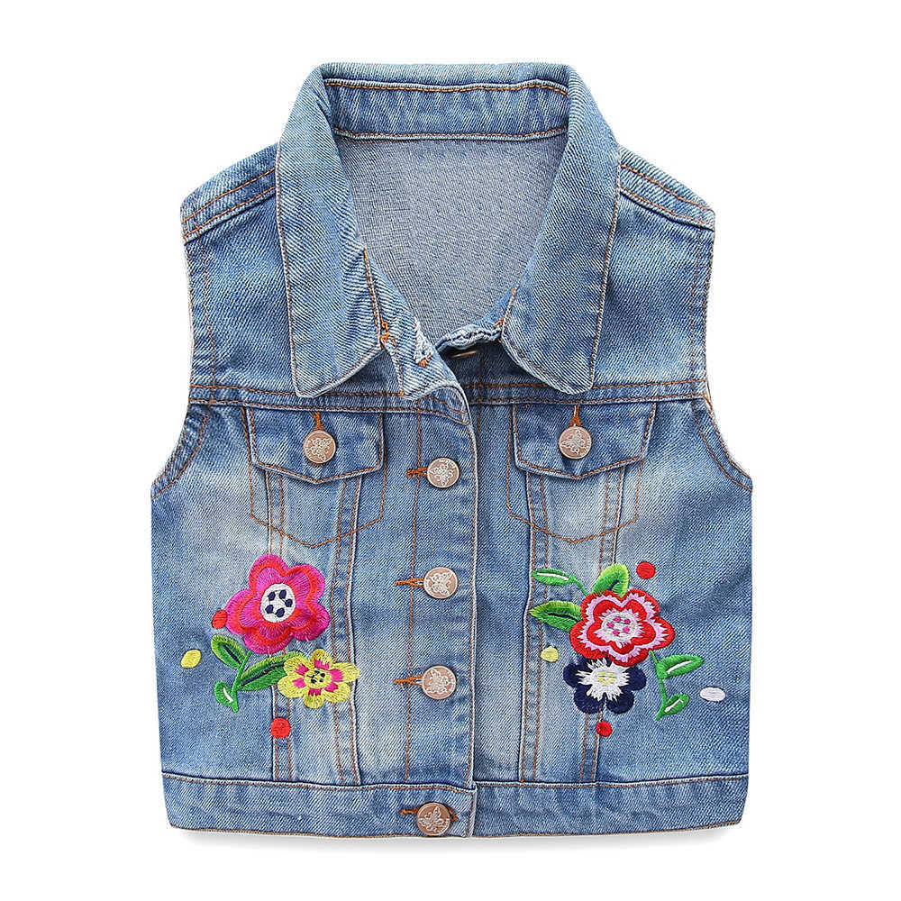 Mudkingdom Girls Vest Flower Embroidery Ripped Lapel Denim Jacket for Spring 210615