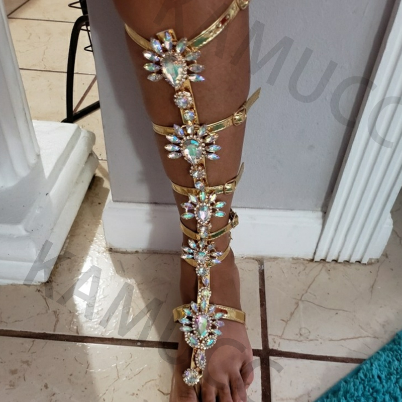 Summer Flats Sandal Gladiator Gold Rhinestone Knee High Buckle Strap Woman Boots Crystal Beach Shoes Plus size 43 210301