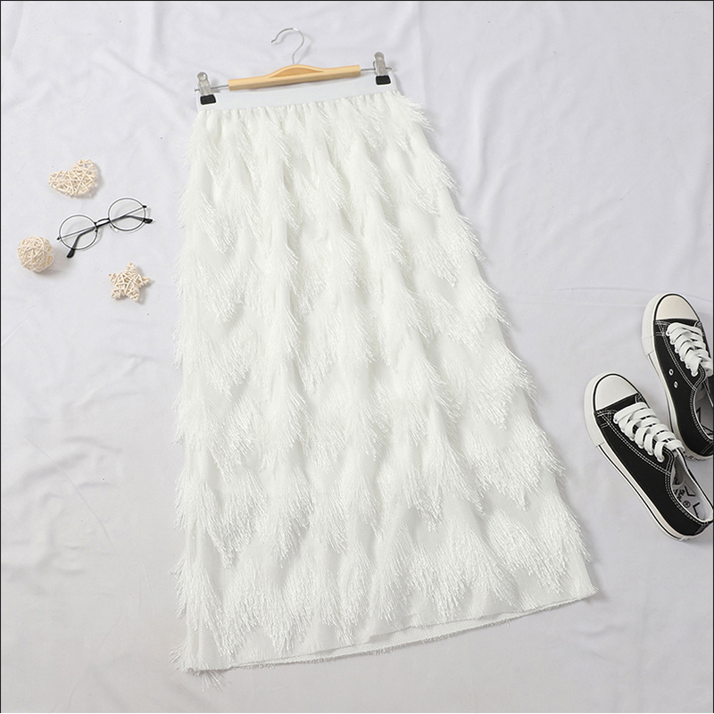 TIGENA Tassel Maxi Skirt Women Fashion Korean Casual Fringe High Waist Straight Long Skirt Female Ladies Black White 210306