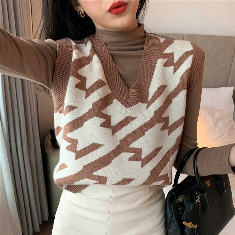 Women Knitted Sweater Vest Autumn Korean Style Vintage Geometric Houndstooth Pullover Sleeveless Waistcoat gilet pull T454 210602