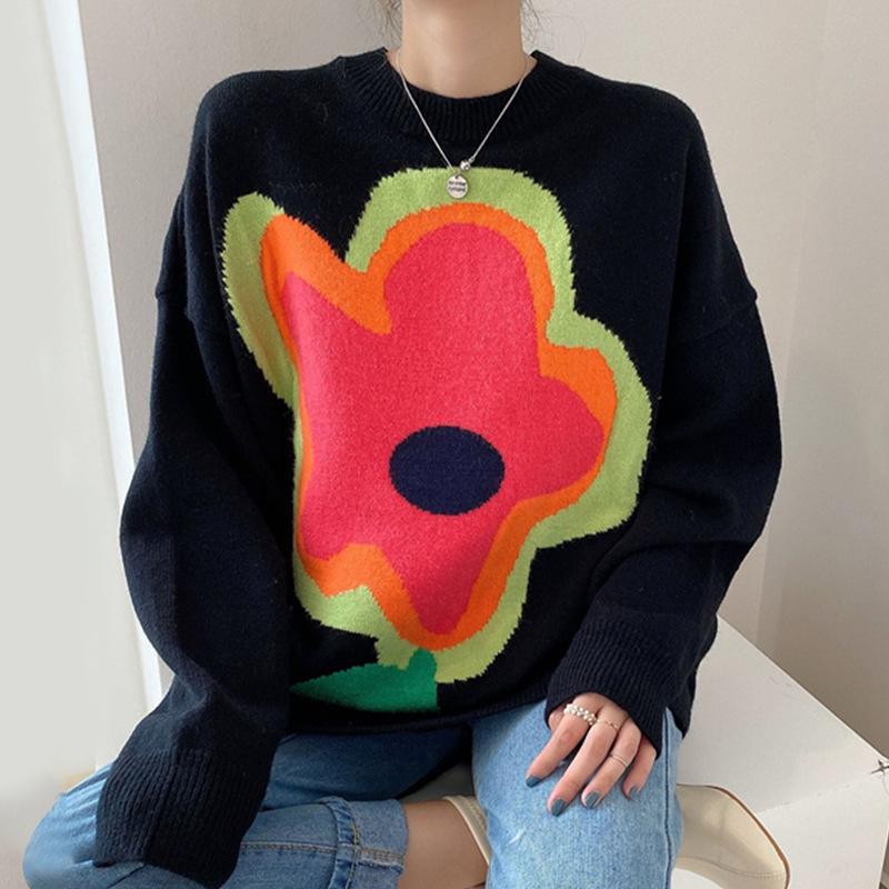 Women's Sweaters Korean Chic Autumn Lazy Wind Round Neck Color Large Flower Design Loose Leisure Bubble Sleeve Knitted Sweater Women, Black
Women's Sweaters Korean Chic Autumn Lazy Wind Round Neck Color Large Flower Design Loose Leisure Bubble Sleeve Knitted Sweater Women, Black