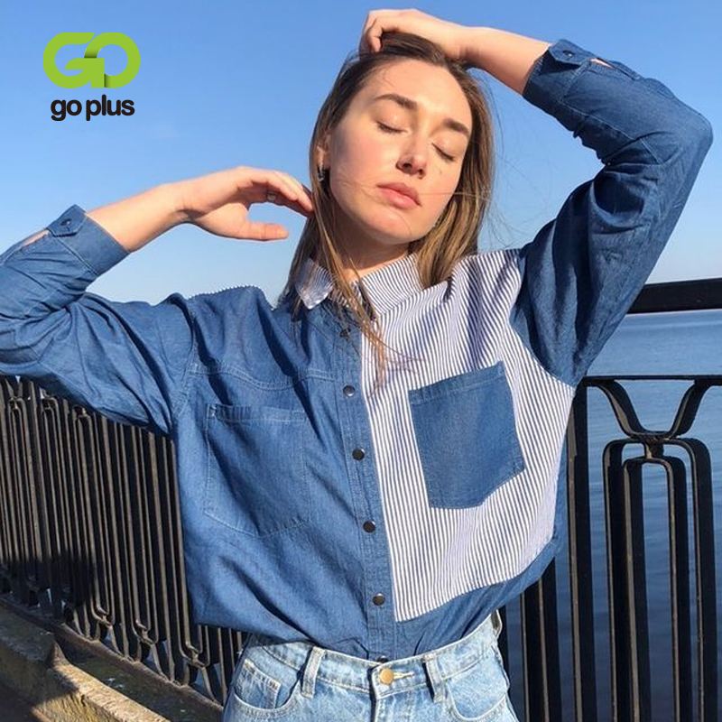 GOPLUS Women's Shirt Blue Blouse Clothing for Women Tops Turn Down Collar Patchwork Denim Blouses Shirts Haut Chemise Femme 210225