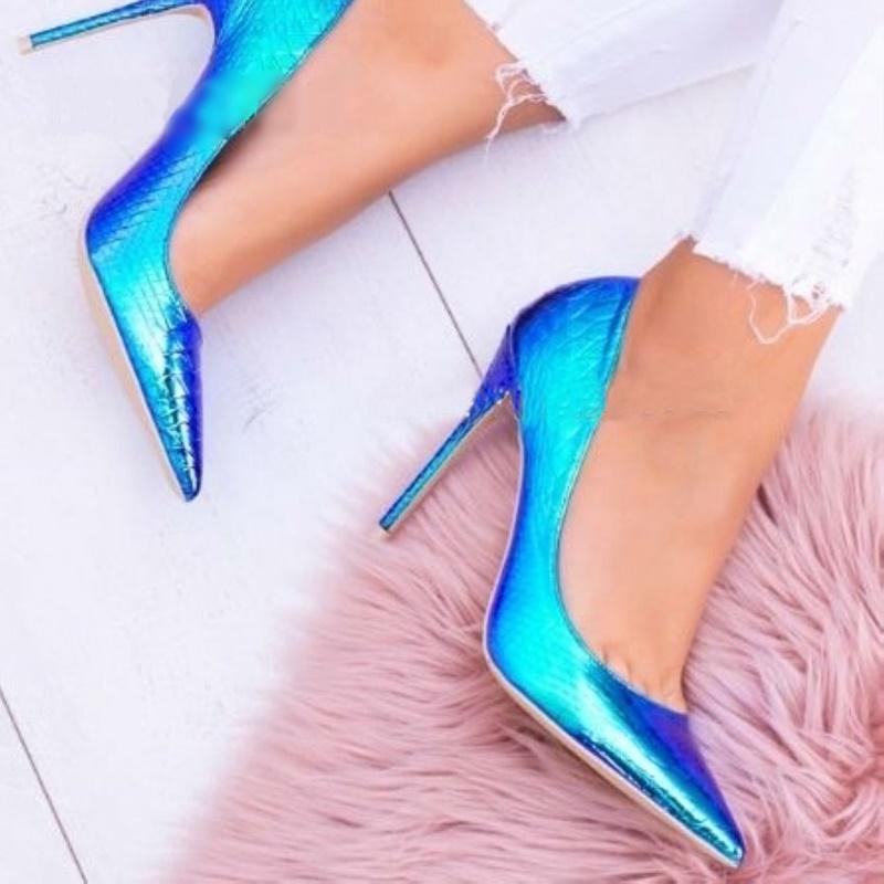 Dress Shoes Sexy Iridescent Snakeskin High Heel Pump Hologram Patchwork 12cm Stiletto Heels Python Printed Pointy Toe