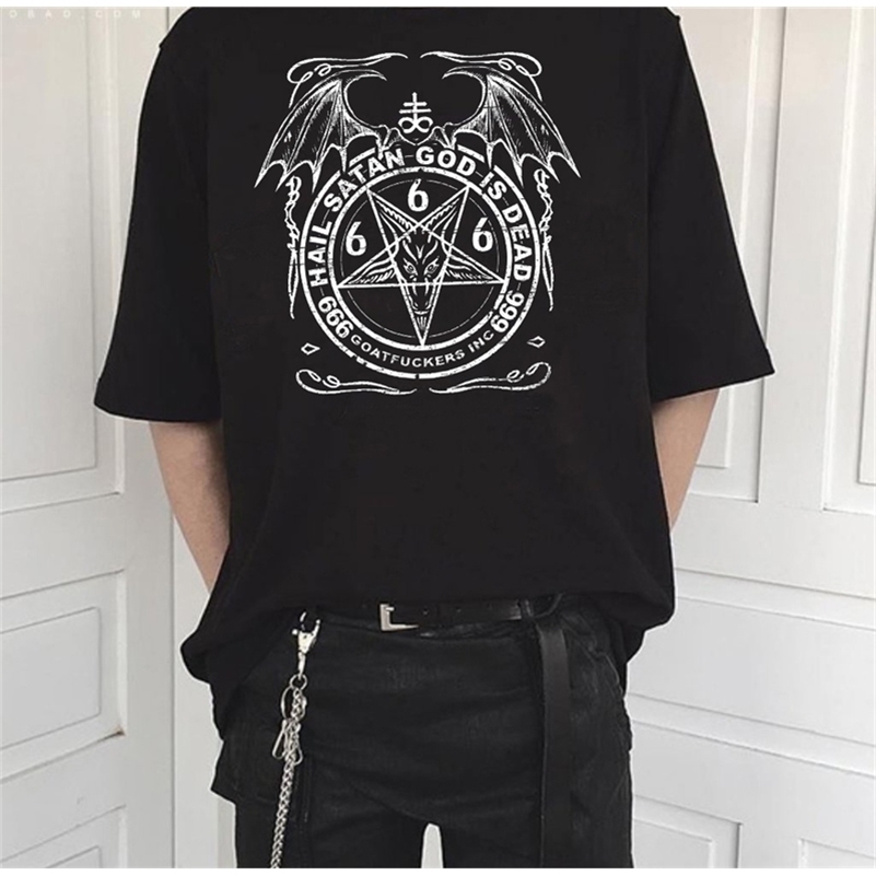 HAHAYULE-JBH Hail Satan God Is Dead Printed T Shirt Satan Dark Style Gothic Tees Man Women Short Sleeve Street Outfits 210306