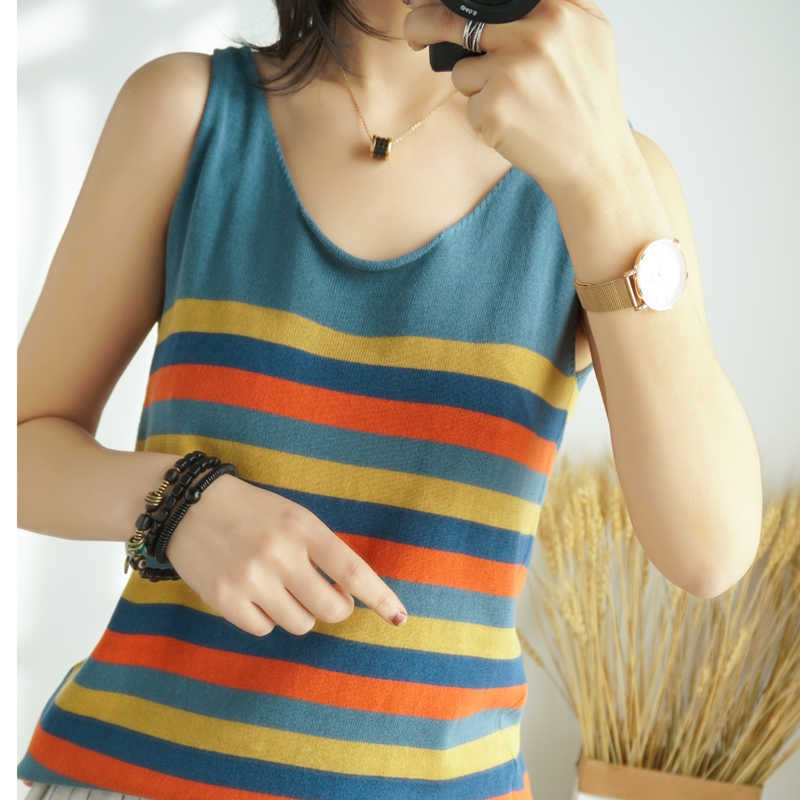 100% Cotton T-Shirt Base Wild Short Paragraph Loose Striped Sweater Vest Female Summer Outerwear Women's Pullover Sweater 210625
