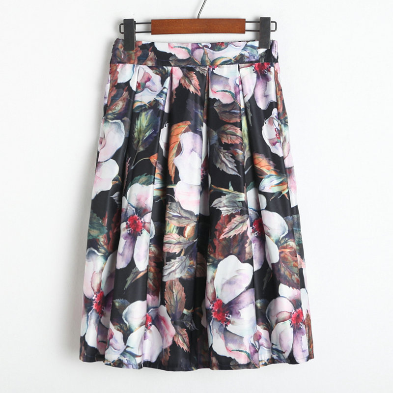 Neophil Fashion Tropical Floral Print High Waist Fluffy Pleated Saias Flare Satin Tutu Midi Skater Skirts Womens S07047 210306