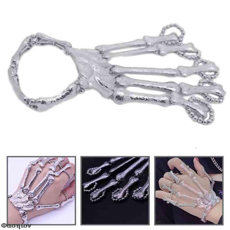 Handmade Halloween Wristband Skull Fingers Metal Skeleton Hand Bracelet with Ring for Women Birthday Gifts