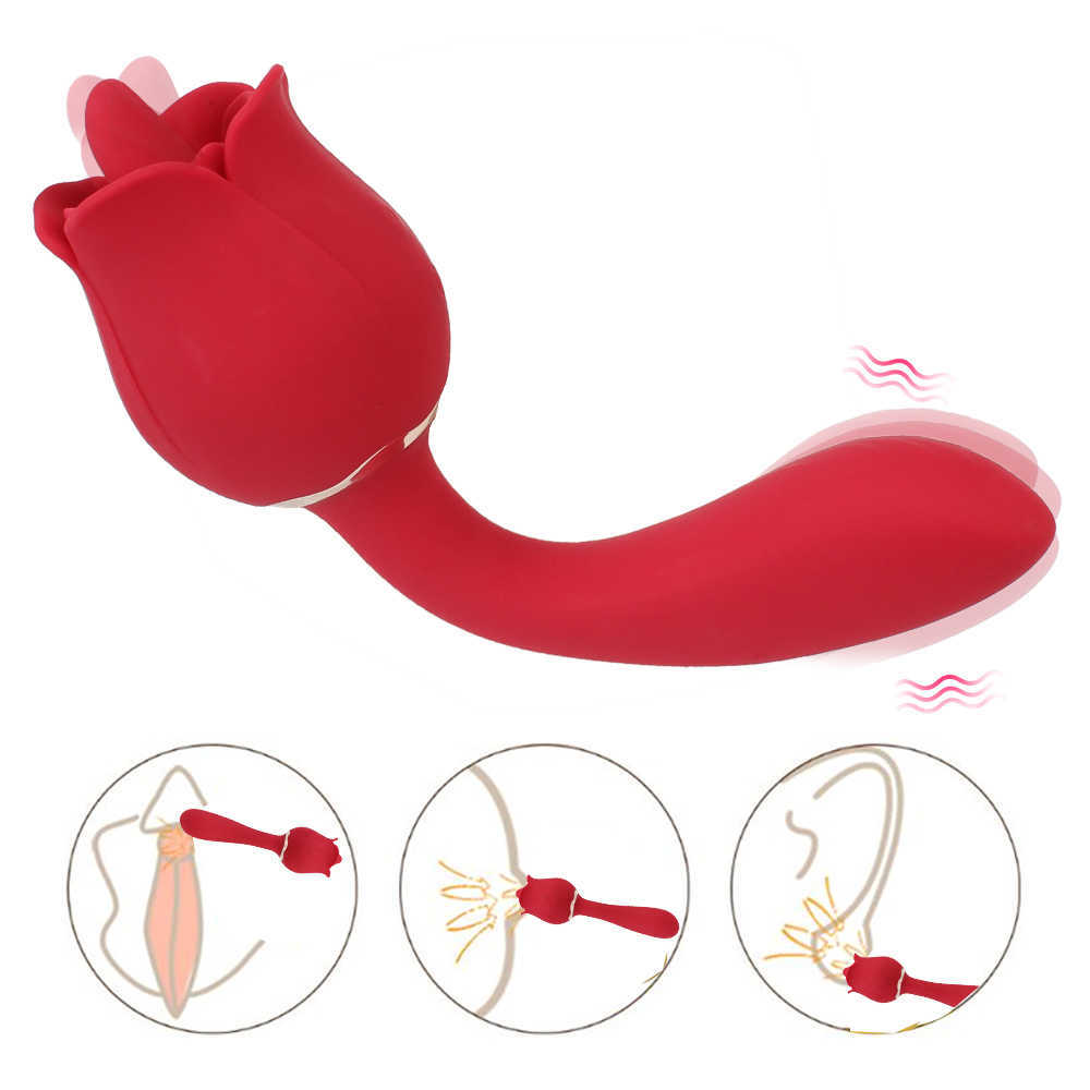 2 en 1 Shape de rose Longueur de la langue orale Lécher Nipple Vagina Massager Dual Head Vibrant Dildo Vibrateur Clitoris Stimulation P0822