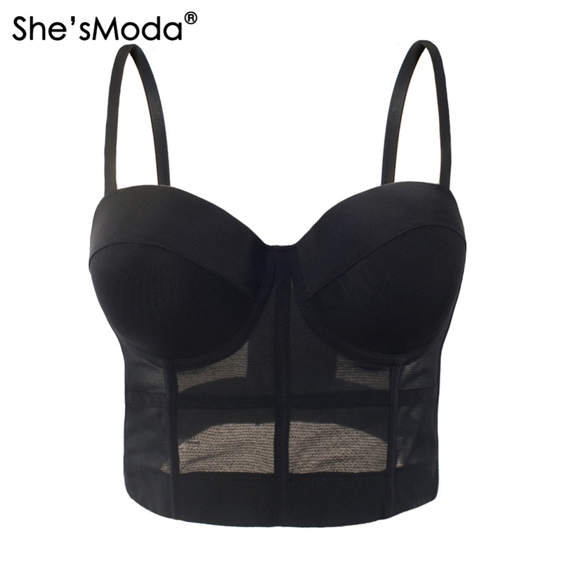 She'sModa Mesh Push Up Bralet Women's Corset Bustier Bra Night Club Party Cropped Top Vest Plus Size 210308