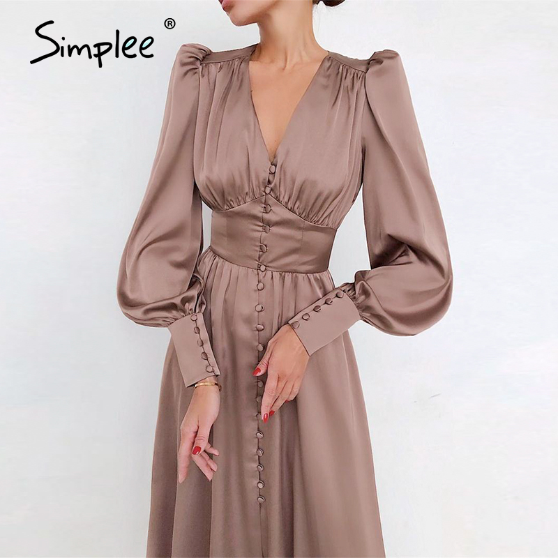 Elegant spring satin bishop sleeve aline dres Vneck high waist button dress solid Vintage long dresses chic 210309
