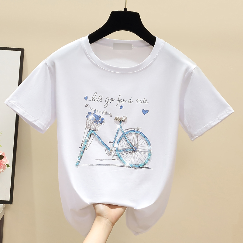 gkfnmt Beading Print Pink T Shirt Summer Short Sleeve Women Top White Tshirt Cotton Korean Style T-shirt Women Clothes 210302