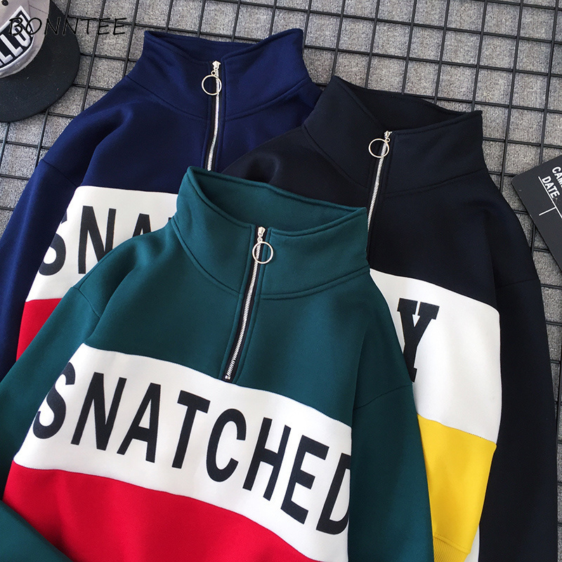 Hoodies Women Patchwork Stand Trendy Hip Hop Loose Korean All-match Sweatshirt Plus Velvet Zippers Ulzzang Womens Long Sleeve T200407