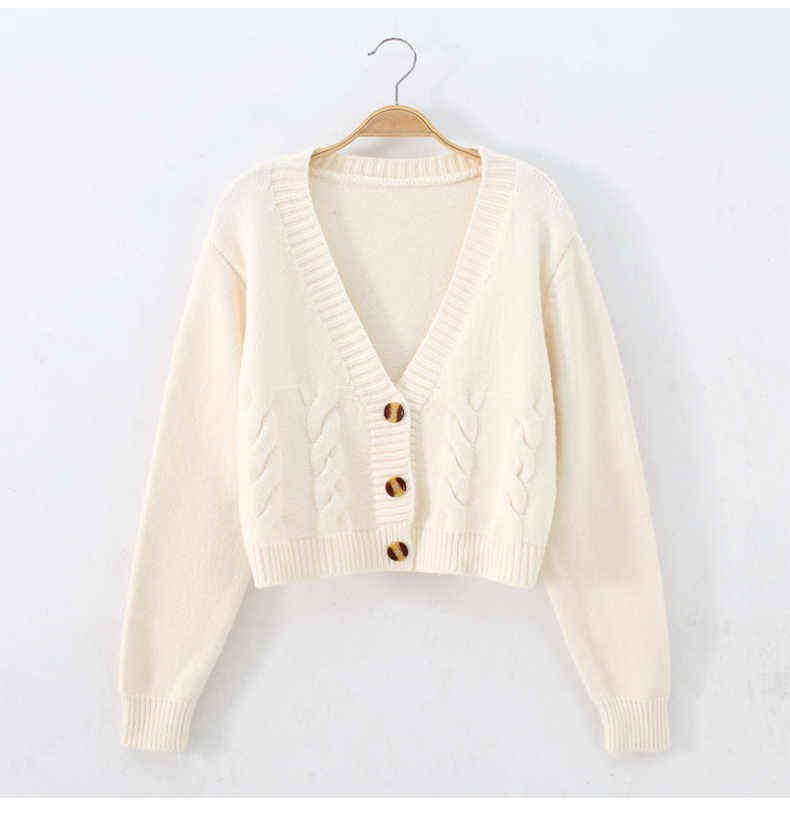 H.SA Women Cardigans Spring Short Cropped Cardigans Button Up V neck Twisted Knitted White Cardigan Sueter Feminino 211117