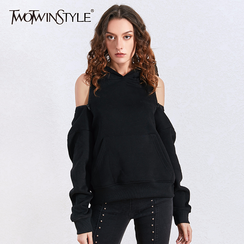 TWOTWINSTYLE Fashion Zipper Sexy Hoodies Tops Female Long Sleeve Casual Sweatshirt Women Autumn Winter Big Sizes 201203