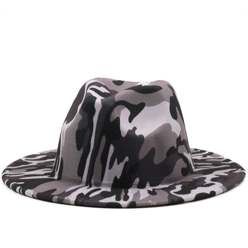 Army Green Camouflage Wool Felt Jazz Fedora Hat for Women Men Wide Brim Panama Party Formal Hat Top Cap with Black Bottom