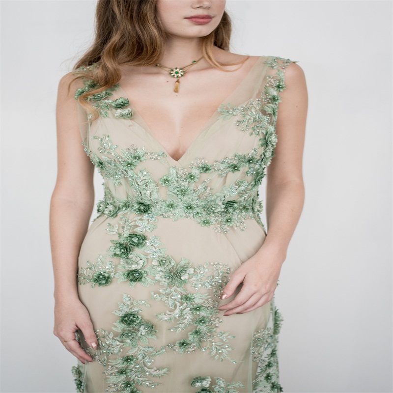 Light Green Prom Dresses With 3D Floral Appliqued Beads Evening Dresses Sexy V Neck Sleeveless Party Gowns Custom Made Sweep Train