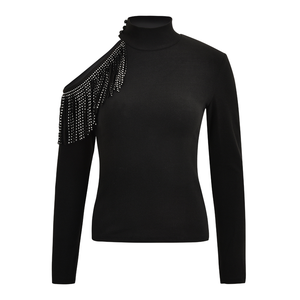 Winter Turtleneck T-Shirts Women Hot Drilling Tee Shirts Sexy Off Shoulder Slim Knitted Tee Tops Female Hollow Out Tshirts D25 210302