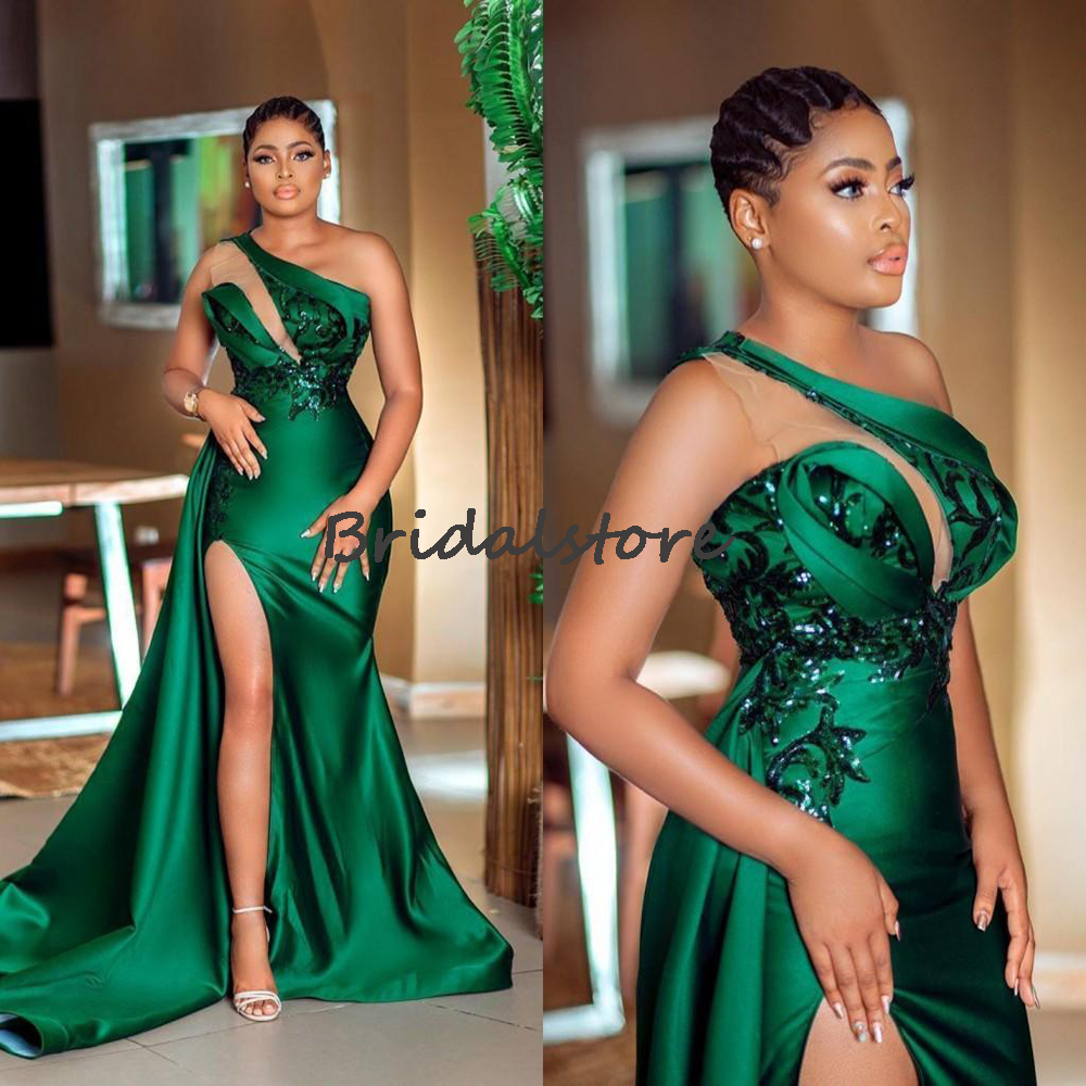 Plus Size Green African Prom Dresses 2022 With High Slit Sexy One Shoulder Mermaid Evening Gowns Elegant Black Girls Formal Party Dress Aso Ebi Robes 