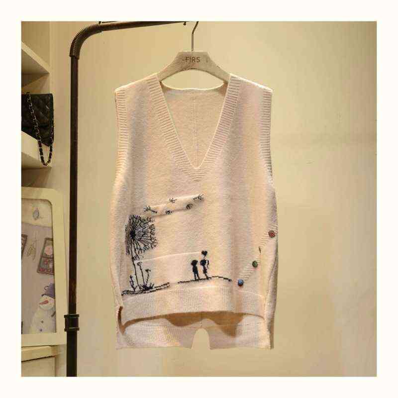 Embroidered V-neck Knitted Sweater Vest Femal Cartoon Pattern Frill Loose Sleeveless Bottoming Pullover Sweater Vest Women 220125