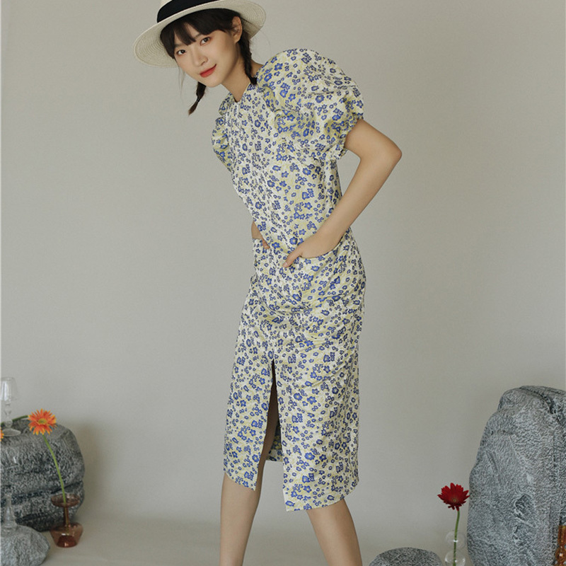 Women Printing Split Fork Dress Arrivals Round Neck Short Sleeve Loose Fit Fashion Summer 2E1640 210526