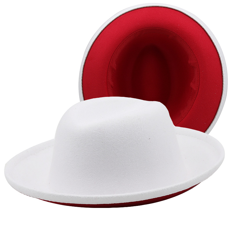 New Autumn Winter Women Men White and Red Patchwork Wool Felt Fedora Hats Roll Brim Party Wedding Formal Hat Vintage Cap