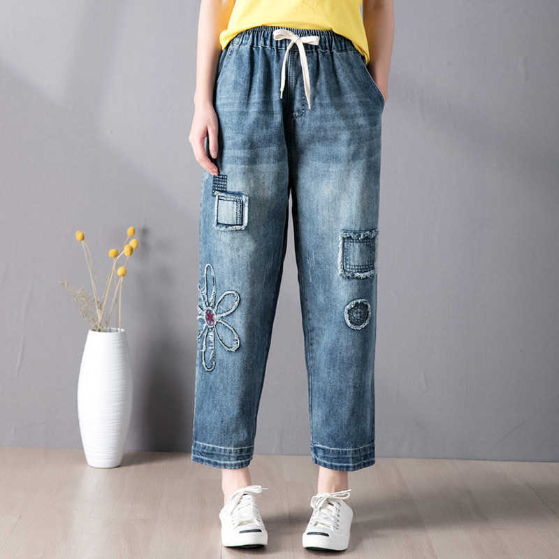9261 Women Fashion Elastic Waist Vintage Patchwork Floral Embroidery Ankle Length Harem Denim Pants Female Casual Loose Jeans 210922