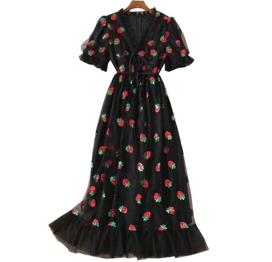 Plus size 5XL Women Black Pink Strawberry Sequined Dress v-neck Sweet Elegant Evening Party Formal Classy Maxi 210623