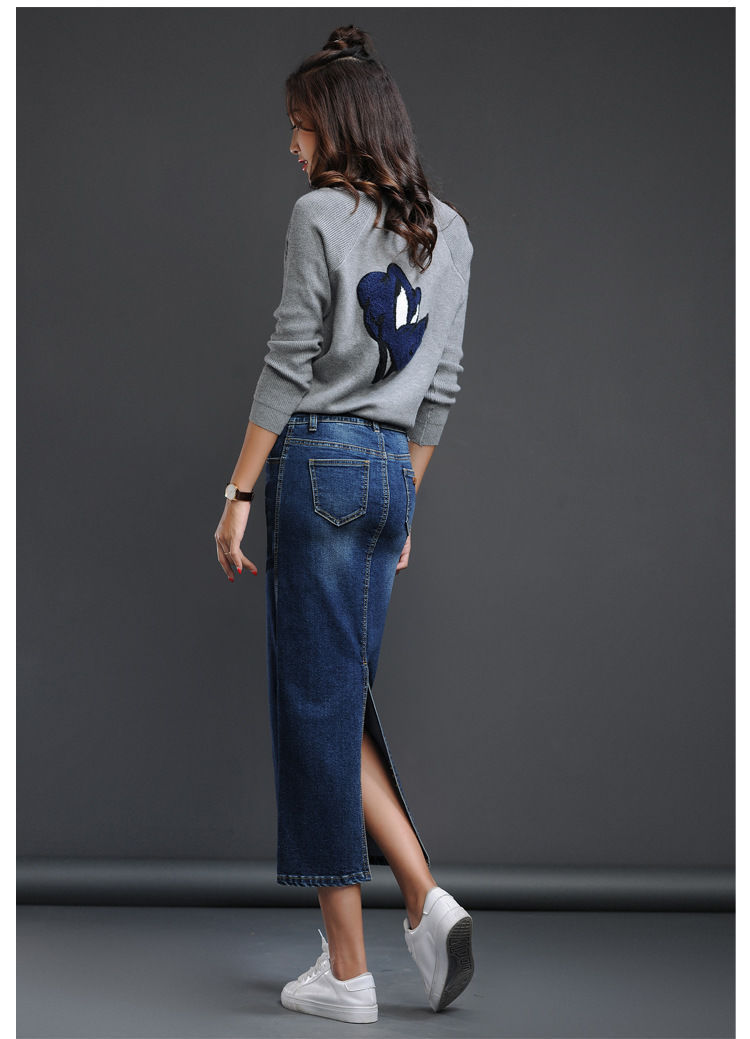 Lguc.H Classic Denim Skirt Woman Long Jeans Skirt Split High Waist Skirts Womens Women Skirt Washed Jupe Femme Black Blue 210306