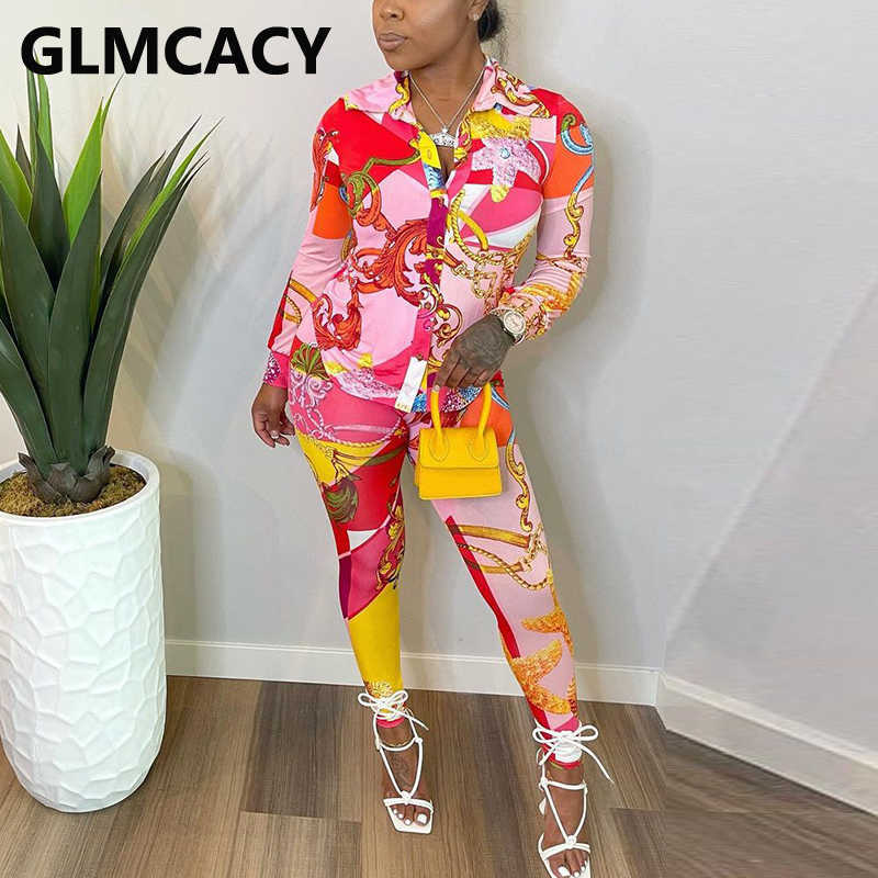 Two Piece Elegant Suits Long Sleeve Button Down Shirt Blouse & Slim Pants Set 210702