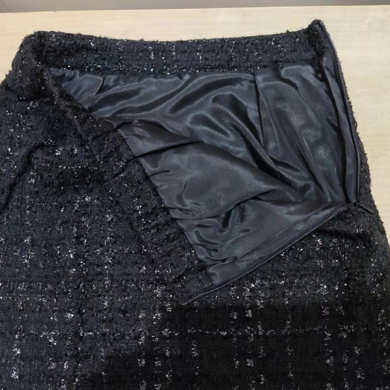 Women Tweed Two Piece Set Autumn And Winter Temperament Black Single Breasted Jacket Crop Tops + High Waist Skirt Suits 220307