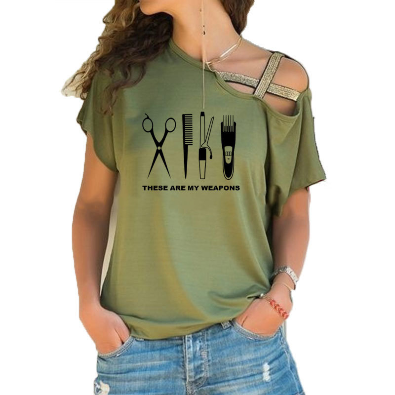 Barber T Shirt Women Short Sleeve Hairdresser Weapon T-shirt Girls Woman scissors Clothing Irregular Skew Cross Bandage Tops T200614