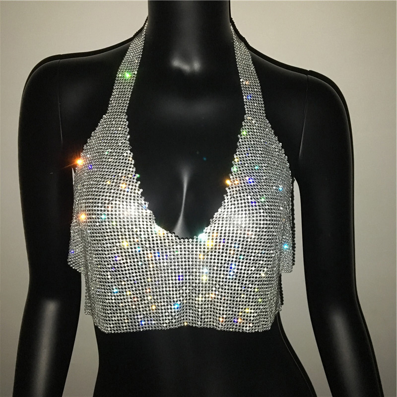 Women Sexy Deep V Adjustable Metal Chain Rhinestone Tank Top Shiny Crystal Push Up Celebrity Hollow Out Sleeveless Crop Top 210308