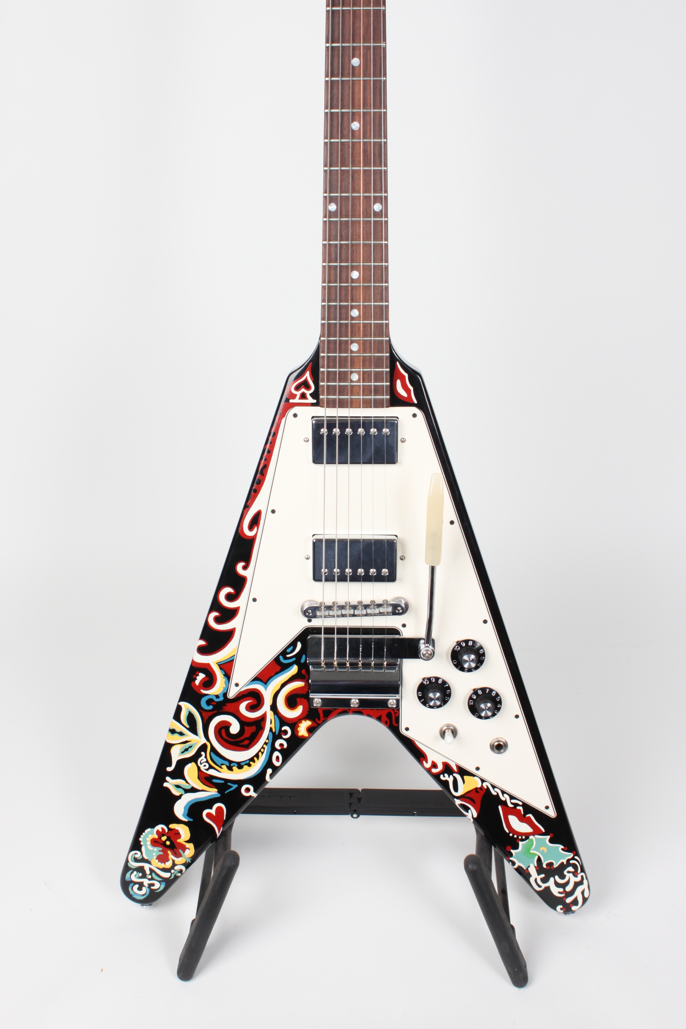 Custom Jimi Hendrix Psychedelic Hand Painted Black Flying V Electric Guitar Maestro Vibrato Tailpiece, Chrome Hardware, Tuilp Tuners, Dot Inlay, White Pickguard
Custom Jimi Hendrix Psychedelic Hand Painted Black Flying V Electric Guitar Maestro Vibrato Tailpiece, Chrome Hardware, Tuilp Tuners, Dot Inlay, White Pickguard