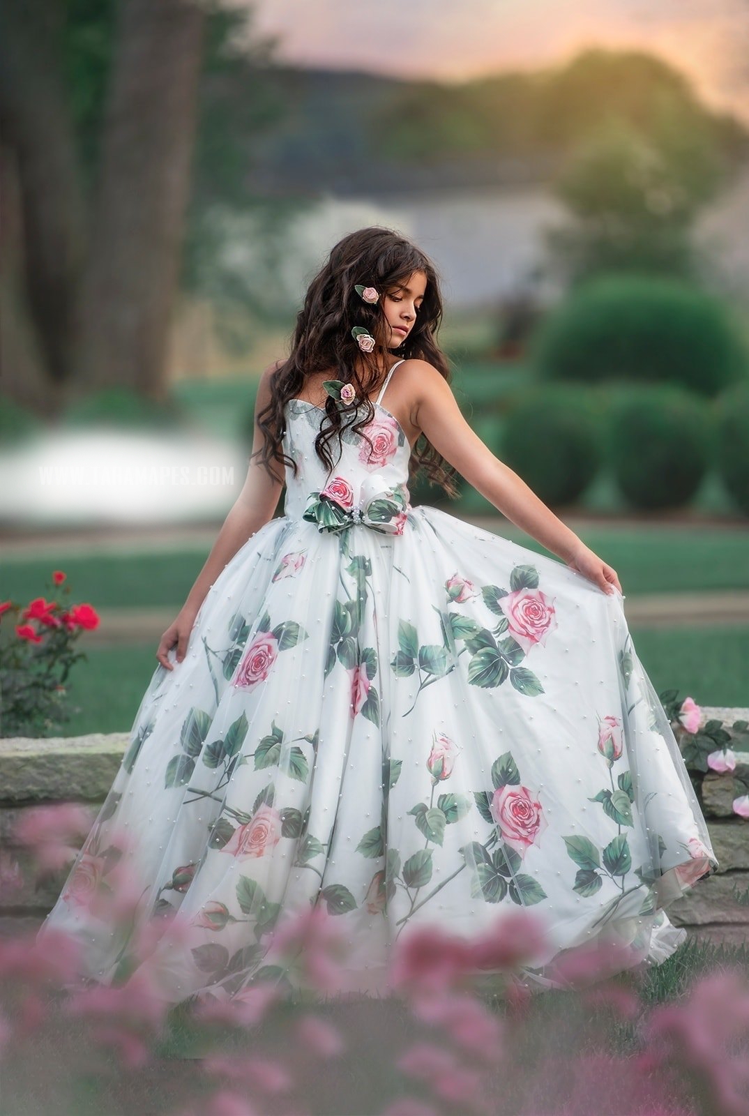 Roses Flower Girl Dresses 2022 Print Floral Satin Baby Girls Dress Princess Little Kids Birthday First Communion Formal Event Wear Gowns Infant Toddle